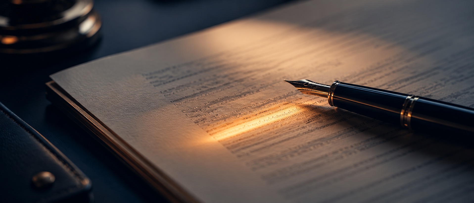 A fountain pen resting on a printed commercial contract